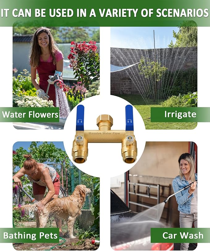 Hose Splitter 2 Way Heavy Duty, Full Flow Garden Hose Splitter with 2 Long Metal Handles, Brass Rust and Freeze Resistant Water Hose Bib Splitter, T Adapter Connector with 3/4 - Inch GHT Thread（Blue）