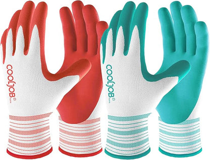 COOLJOB 2 Pairs Gardening Gloves for Women Ladies, Breathable Rubber Coated for Yard Garden, Outdoor Indoor Protective Work with Grip, Small Size, Red & Green