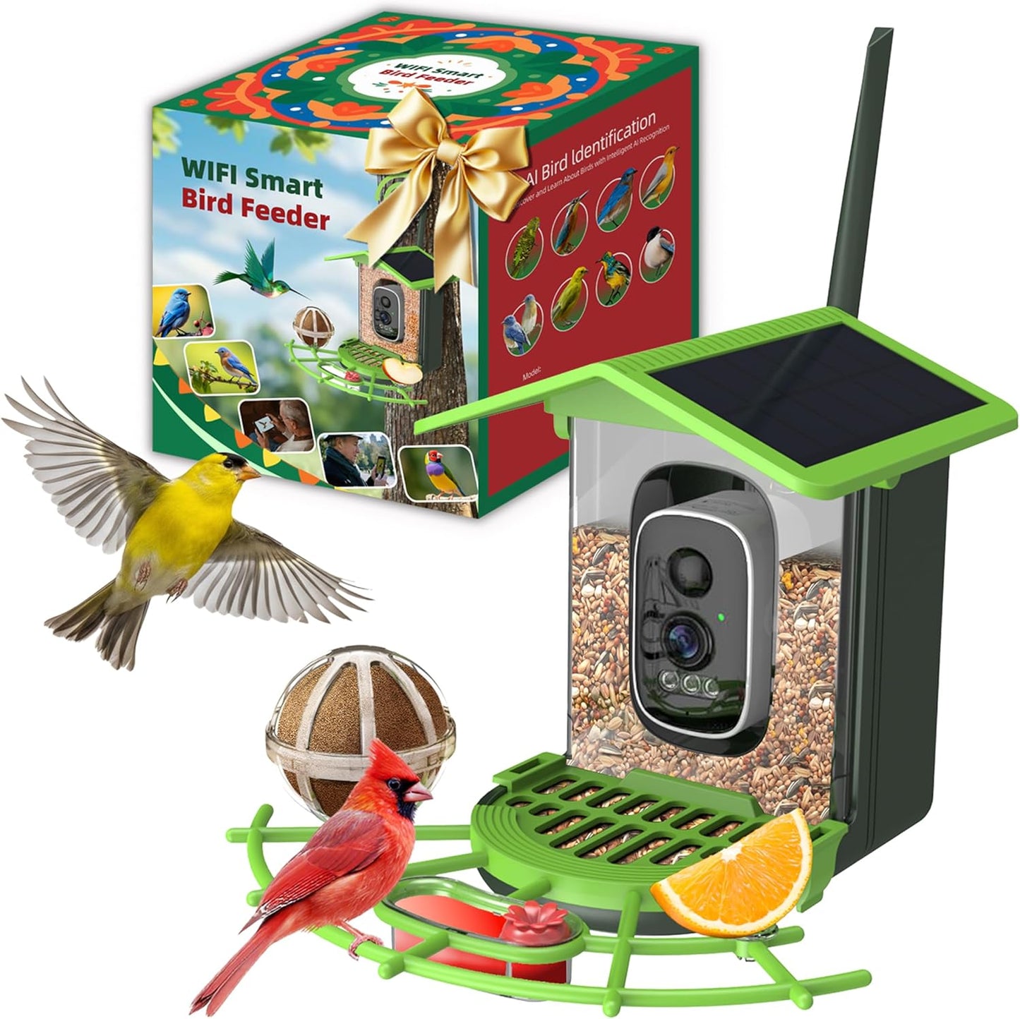 Smart Bird Feeder with Camera – 2K Live View, AI Bird Recognition, Squirrel-Proof, Dual Solar Roof, 5dB Antenna, Instant Alerts for Nature & Wildlife Lovers, Green