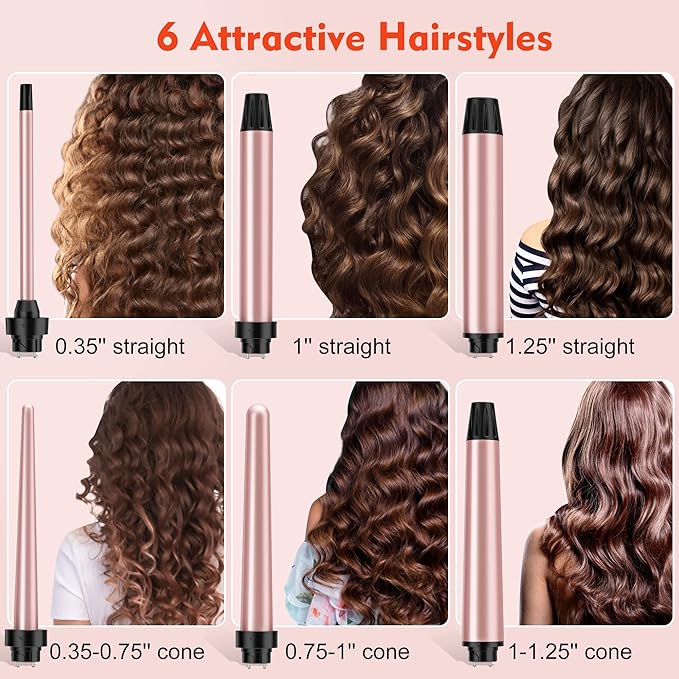 Curling Iron Set, USHOW 6 in 1 Curling Wand Set Hair Iron Kit Instant Heat Up Hair Curler with 6 Interchangeable Tourmaline Ceramic Barrels (0.35'' to 1.25'') Temperature Adjustments, with Gloves