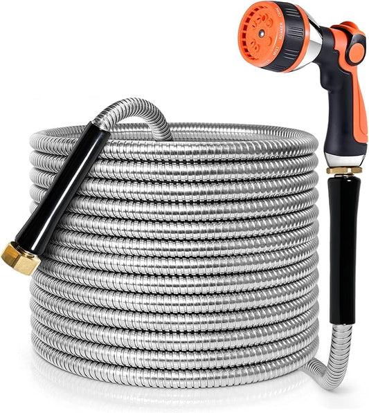 YAMATIC 75FT Stainless Steel Garden Hose with 10 Pattern Spray Nozzle, Heavy Duty Metal Water Hose, Kink-Free, Rust Resistant Hose for Yard, Lawn, RV, Outdoor