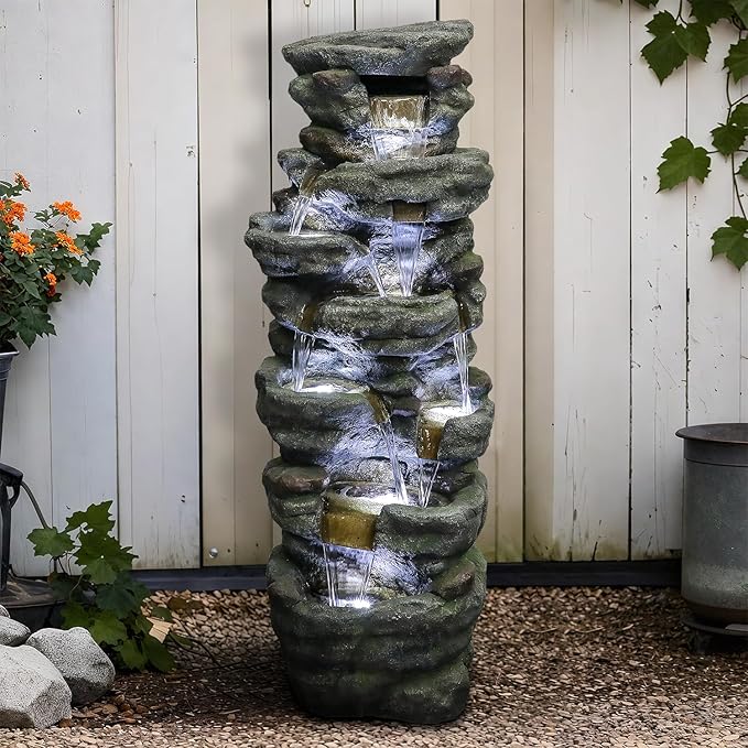 SunJet 51" High Multi-Tiers Cascading Rock Outdoor Water Fountain with LED Lights - Large Outdoor Resin Fountains and Waterfalls for Garden or Patio, Yard, Deck Decor, Featuring Natural Stone Look