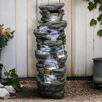 SunJet 51" High Multi-Tiers Cascading Rock Outdoor Water Fountain with LED Lights - Large Outdoor Resin Fountains and Waterfalls for Garden or Patio, Yard, Deck Decor, Featuring Natural Stone Look