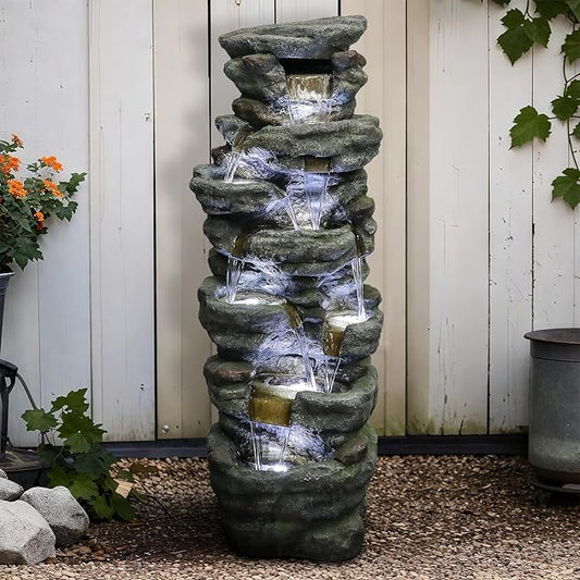 SunJet 51" High Multi-Tiers Cascading Rock Outdoor Water Fountain with LED Lights - Large Outdoor Resin Fountains and Waterfalls for Garden or Patio, Yard, Deck Decor, Featuring Natural Stone Look