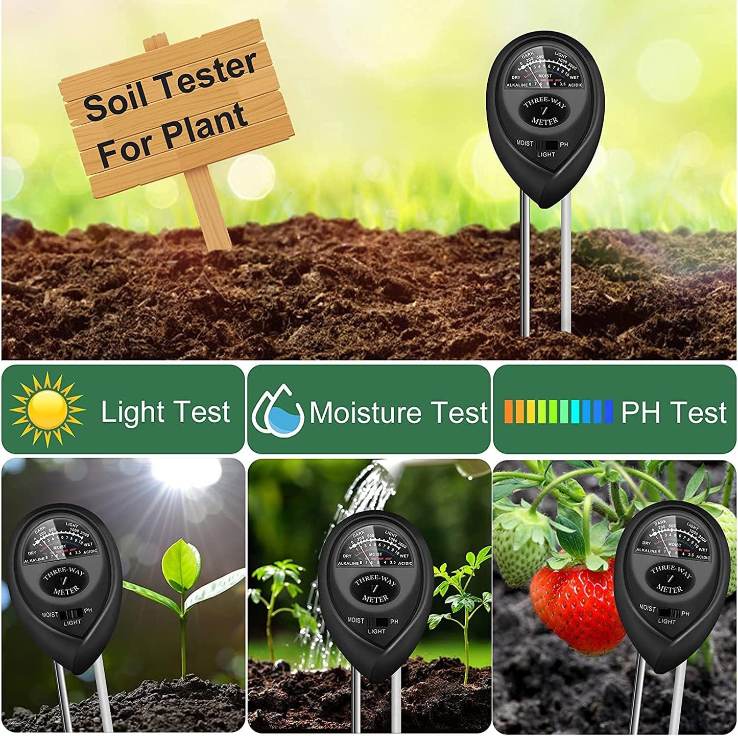 Soil Tester, Plant Meter, Light Tester, 3-in-1 Function Soil Testing Kit for Gardening, Farming, Lawn Care, Indoor and Outdoor Use