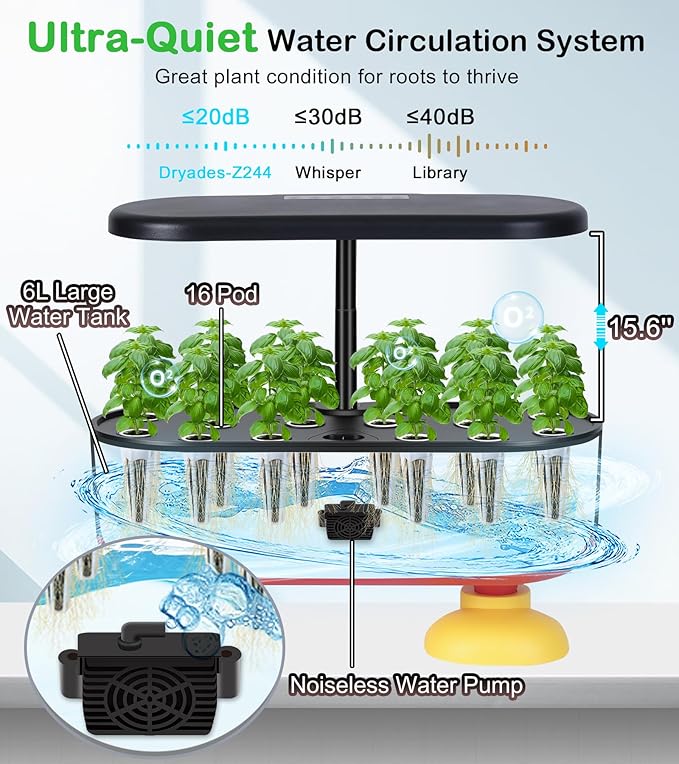 Hydroponic Growing System Kit 16 Pods, Smart Herb Garden with 24W Full Spectrum LED Grow Light, Indoor Garden Planter for Home/Office/School (Black)