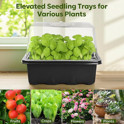 MIXC Seed Starter Kit with Grow Light, Elevated Seedling Tray Kit with Adjustable Humidity Dome and Clear Cell Tray, 12 Full Spectrum Led Beads for Seed Starting Greenhouse, 6 Pack, Black