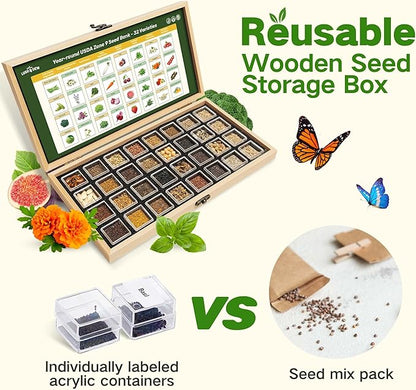 Lush&Dew Year-Round USDA Zone 9 Seed Bank, Gift for Mom Dad, 32 Varieties Non-GMO Heirloom Seeds of Vegetables, Herbs Gardening Gifts for Women Men, Survival Kit for Raised Garden Bed, Greenhouse