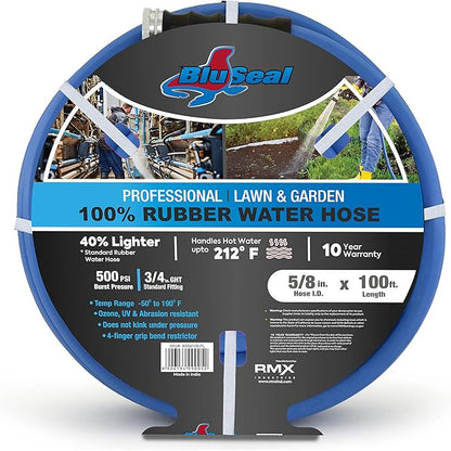 BluSeal Hot/Cold Water Rubber Garden Hose, 100% Rubber, Ultra-Light, Super Strong, 500 PSI, 50F to 190F Degrees, High Strength Polyester Braided (5/8" x 100')