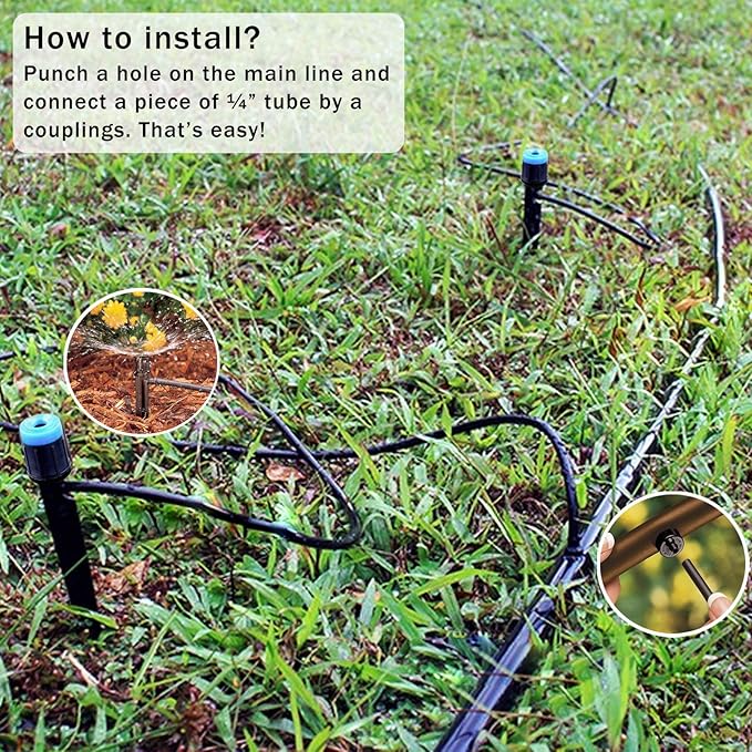 MIXC 100PCS Drip Emitters Fan Shape with Stake Water Flow Adjustable for 1/4 inch Irrigation Tube Hose, 360 Degree Sprayer Perfect for Irrigation System Watering Kits for Garden Patio Lawn Flower Bed