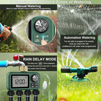 4 Zone Sprinkler Timer with Brass Inlet,Programmable Water Timer for Garden Hose with Rain Delay, Manual& Automatic Watering System,Programmable Digital for Lawn Yard,4 Zone