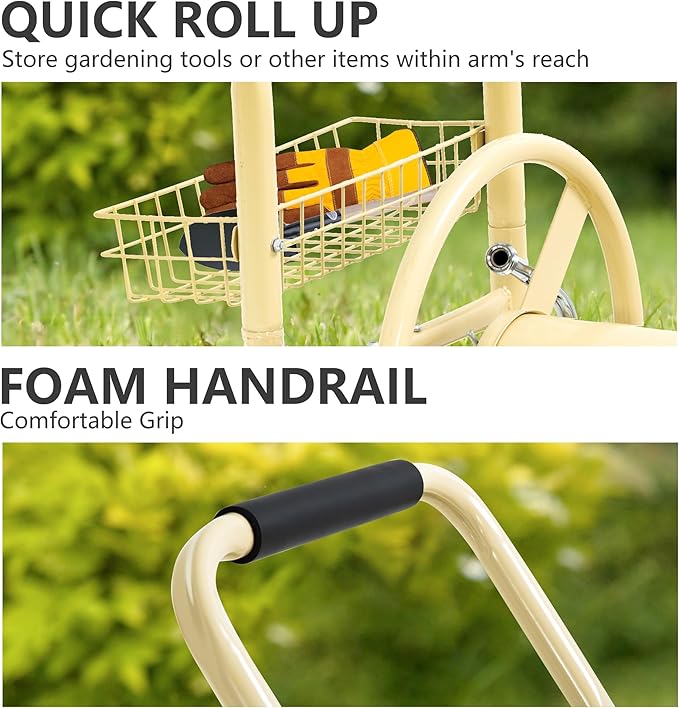 Hose Reel Hold Up To 300 Ft Heavy Duty Garden Hose Reel Sturdy Water Hose Reel Cart with 4 Wheels Storage Basket for Garden Lawn Yard Outdoor (Tan)