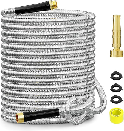 SPECILITE 50 ft 304 Stainless Steel Garden Hose Metal Heavy Duty Water Hose, Flexible Water Hose Pipe with 3/4" Solid Brass Connectors, No-Expandable Garden Hoses with Rubber Grip for Yard, Outdoor