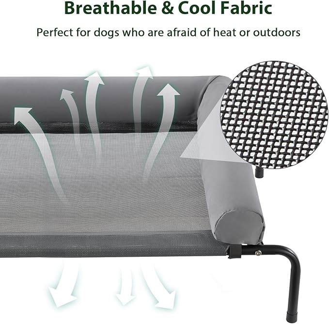 Cooling Elevated Dog Bed for Large Dogs – Waterproof Raised Dog Cot with Slope Headrest, Breathable Teslin Mesh, Durable & Portable Pet Bed for Indoor and Outdoor Use, Grey