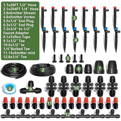 230FT Watering System for Outdoor Plants, Quick-Connect Garden Drip Irrigation Kits with 1/2" & 1/4",Hose Irrigation Equipment, Adjustable Nozzles & Sprinklers for Yard, Greenhouse,Raised Bed,Lawn