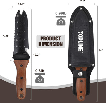 TOPLINE Hori Hori Garden Knife with Oxford Sheath, 7”Stainless Steel Blade with Cutting Edge, Folked Tip Design, Full Tang Walnut Handle, Multifunctional Garden Tools for Weeding, Planting, Cutting