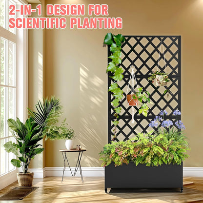 Metal Planter Box with Trellis, Raised Garder Bed with Drainage Hole, Privacy Screen & Trellis for Climbing Plants, Outdoor Plant Stands, 35''L×17''W×73''H, Black