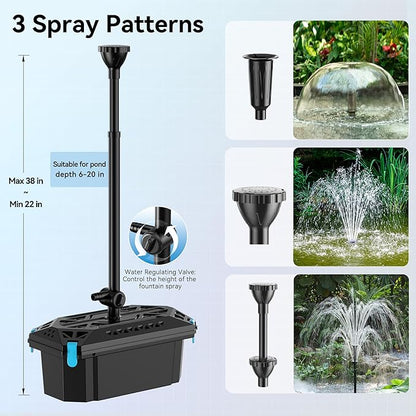 NFESOLAR Pond Filter Fountain with 50W Solar Panel, 580 GPH Water Pump, 10 FT Extension Cord, Solar Fountain Pump with Pond Filter Box Outdoor for Koi Ponds Water Feature Waterfall Pool