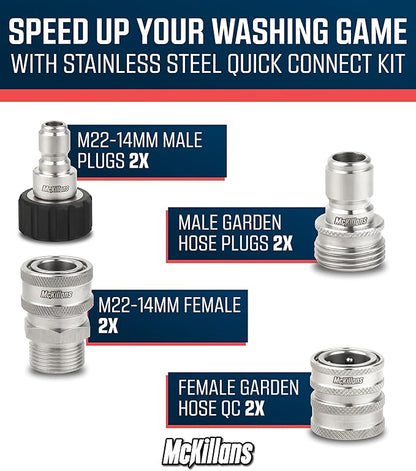 McKillans® M22-14mm Pressure Washer Quick Connect Kit, M22-14mm to 3/8" Male Female Quick Disconnect Kit for Power Washer (Stainless Steel)