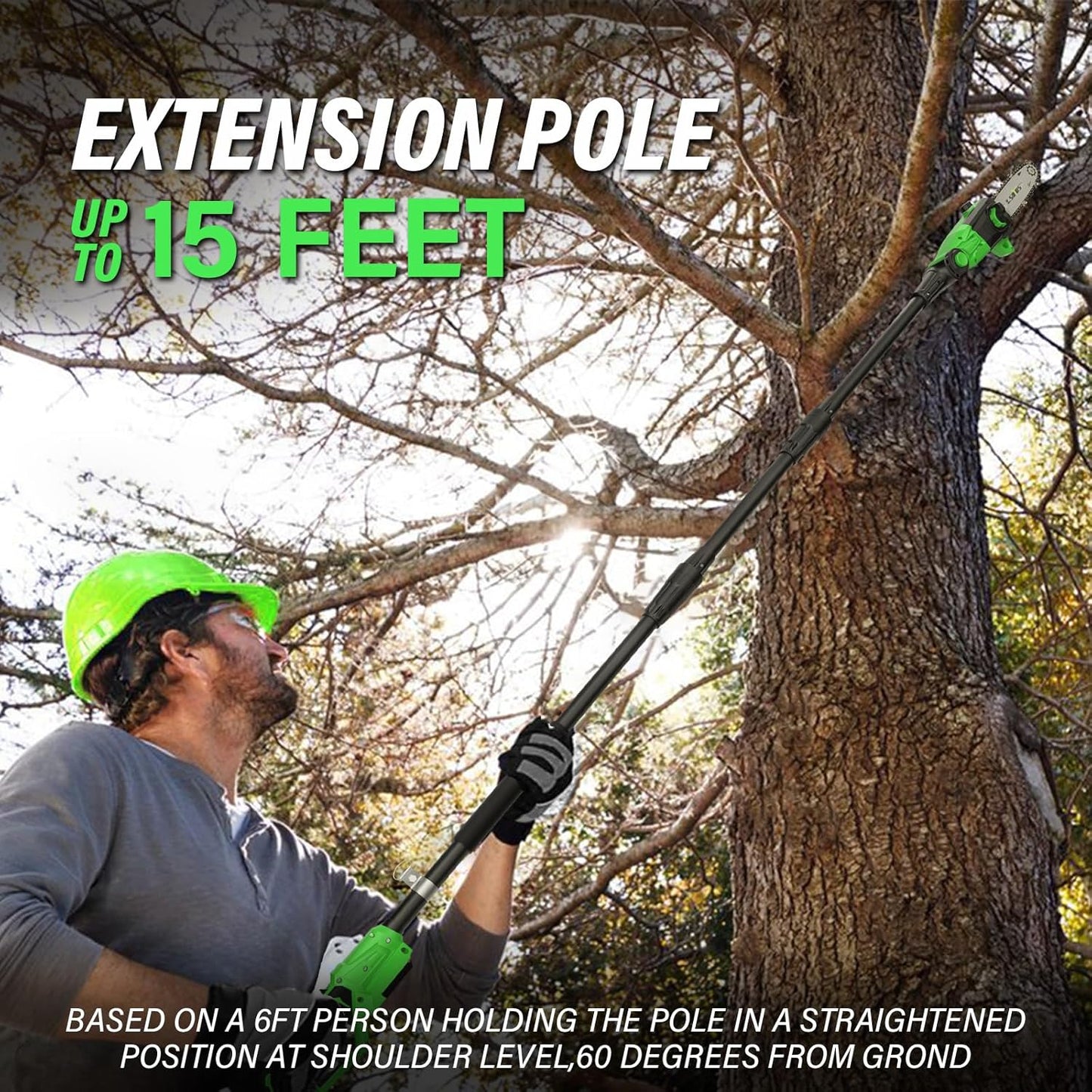 SOYUS Pole Saw 8-Inch Cordless, 15-Foot Max Reach Electric Pole Saw for Tree Trimming, 16ft/s Speed, Auto Oiling, Multi-Angle Pole Chainsaw with 2.0Ah Battery & Charger