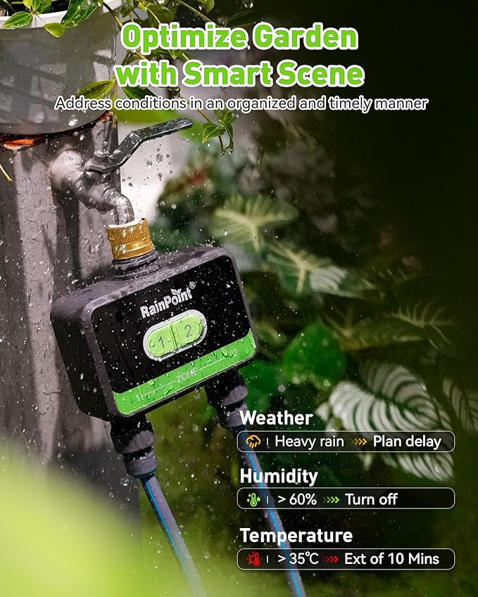 RainPoint WiFi Water Timer for Garden Hose with Brass Inlet, 2-Zone Smart Hose Timer, WiFi Irrigation Controller, Automatic Sprinkler Watering System for Lawns and Yard