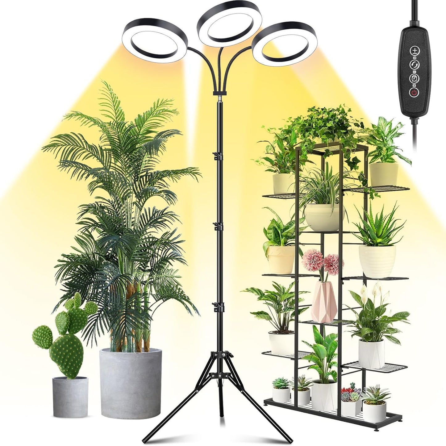 LORDEM Grow Light for Indoor Plants, 7.9" Diameter Tri-Head Plant Light for Plants Growing, Full Spectrum Growth Lamp with Auto Timer 3/6/12H, 4 Dimmable Levels, 3 Lighting Modes, Adjustable Stand