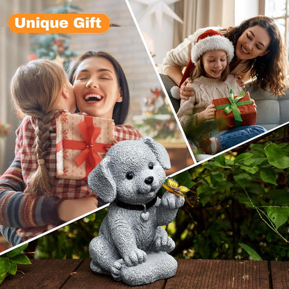 Solar Garden Statue Outdoor Decor,Dog Figurine with LED Lights,Birthdays Mother’s Day Housewarming Gift for Women, Mom, Grandma,Garden Gifts，Home Decoration with Butterfly