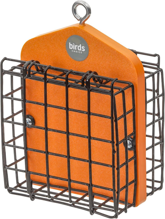 Birds Choice Suet Cage Feeder, Holds 2 Suet Cakes | Hanging Bird Suet Feeder for Woodpeckers, Jays, Nuthatches | Vinyl Coated Grids | Sturdy for Garden, Backyard, Outdoor | Orange, 5" L x 4" W x 8" H
