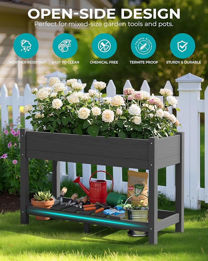 SERWALL Raised Garden Bed Set of 2, HDPE Raised Bed for Gardening All Weather Use- Grey