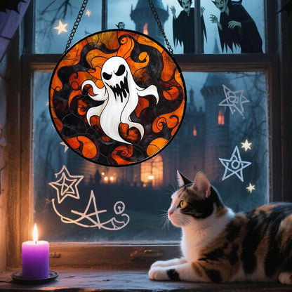 Stained Glass Window Hanging - Halloween White Ghost Suncatcher for Doors Window Garden Indoor Spooky Funny Orange Sun Catchers Gothic Decor Horror Gifts for Women Men Friend 6.3 in