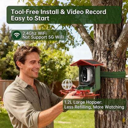 Smart Bird Feeder with Camera, 2K HD, Auto AI Identify 10000+ Birds, Solar-Powered, Night Vision, Real-Time Alerts, Family/Friend Sharing, Gift for Family and Bird Lovers