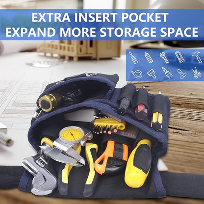 Tool Belt With Suspenders, 24 Pockets Tool Bag with Magnetic Wristband, Detachable Tool Pouch Bag, Adjustable Waists for Men Electrician Carpenter Construction(Blue)