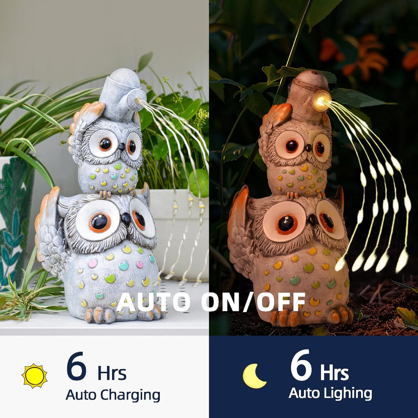 Solar Garden Statues Outdoor Decor, Watering Owl Statue Garden Decor, Resin Yard Decorations Outdoor for Patio, Porch, Balcony, Lawn Ornaments, House Warming Birthday Gifts for Mom Women Grandma