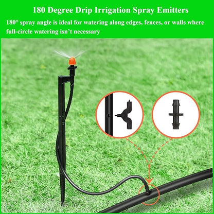 180 Degree Micro Drip Spray Emitters: 20 Set Drip Irrigation Sprinkler Heads on 12 Inch Stakes with 1/4" Tubing, Half Circle Pattern Drip Emitters for Garden Irrigation System