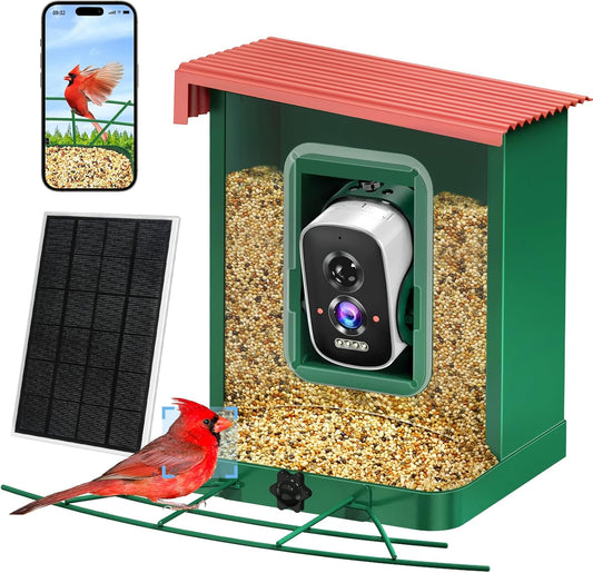 Metal Smart Bird Feeder with Camera – Solar Powered, AI Bird Identification & 2.5K HD Auto Capture Videos, Arrival Notifications, 2.1L Capacity & 100% Durable Design