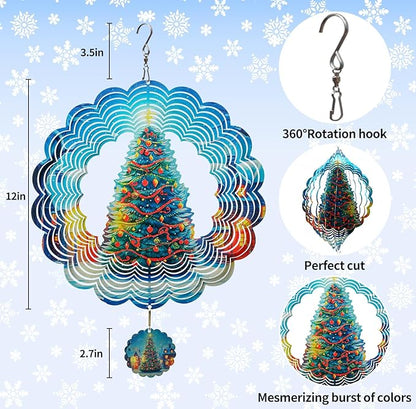 3D Christmas Tree Wind Spinners for Yard and Garden Christmas Decor 12 Inch Outdoor Metal Hanging Stainless Steel Wind Spinner Unique Gift Xmas Wind Sculptures
