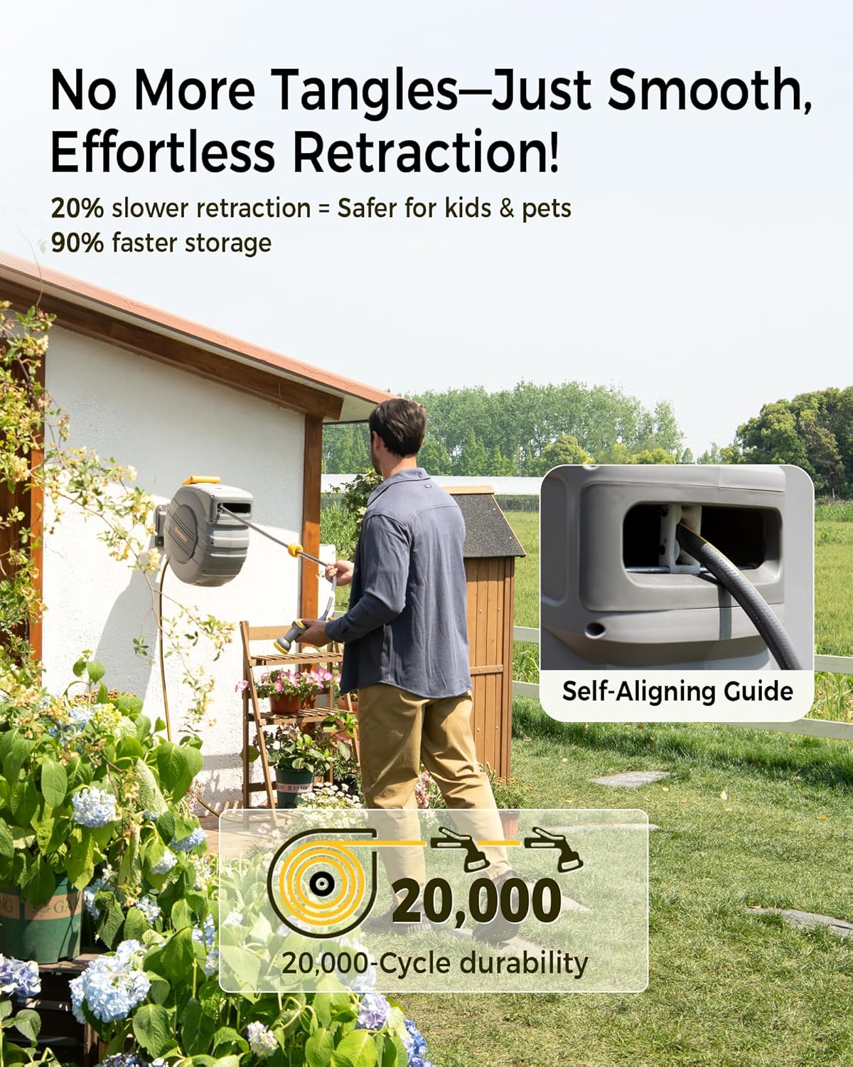 GLAHODEN Retractable Garden Hose Reel 1/2 in x 115 ft, 2025 Upgraded Dual Ratchet Lock UV & Freeze Protection Brass Seal Slow Retraction Anti-Tangle Hose 180°Swivel Reinforced Scaffold Wall Mount