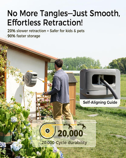 GLAHODEN Retractable Garden Hose Reel 1/2 in x 115 ft, 2025 Upgraded Dual Ratchet Lock UV & Freeze Protection Brass Seal Slow Retraction Anti-Tangle Hose 180°Swivel Reinforced Scaffold Wall Mount