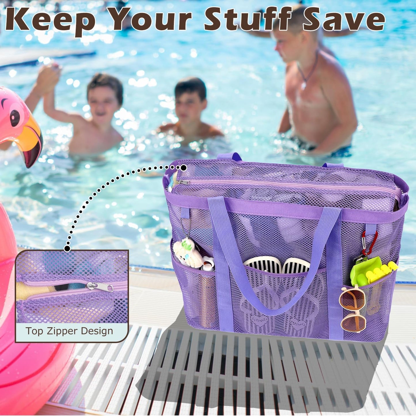 Mesh Beach Bag, Large Beach Tote with Zipper Pocket for Family Pool Bag for Toys & Vacation Essentials