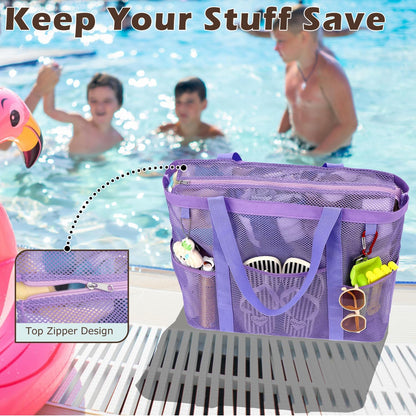 Mesh Beach Bag, Large Beach Tote with Zipper Pocket for Family Pool Bag for Toys & Vacation Essentials