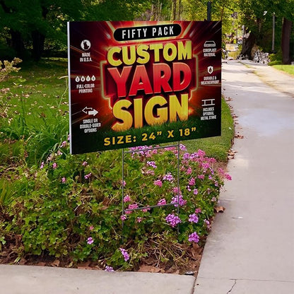 50 Pack 24"x18" Custom Yard Signs with Stakes, Personalized Yard Signs for Outdoors, Customized Full Color Print Corrugated Signs for Business