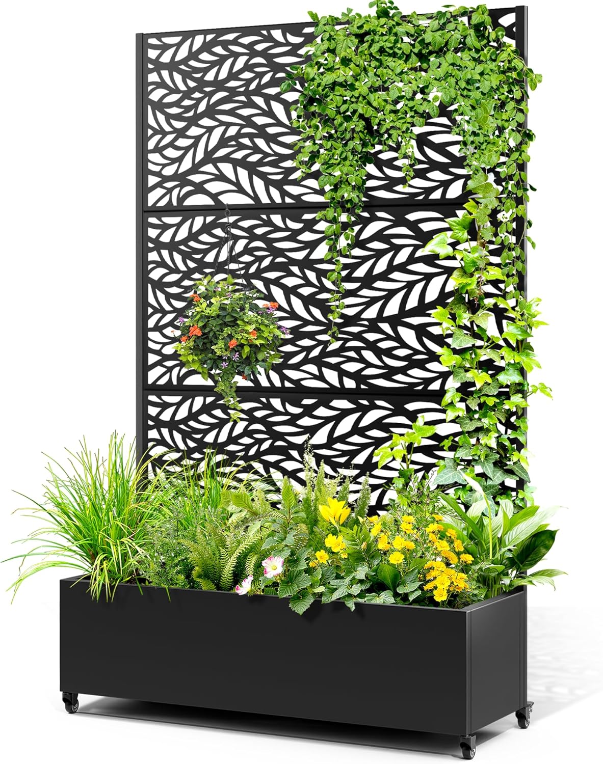 Metal Raised Garden Bed with Trellis, 2-in-1 Planter Box & Privacy Screen for Climbing Plants, Outdoor Standing Flower Bed with Drainage Holes, 47.2" L x 16.7" W x 70.8" H, Black-Spring