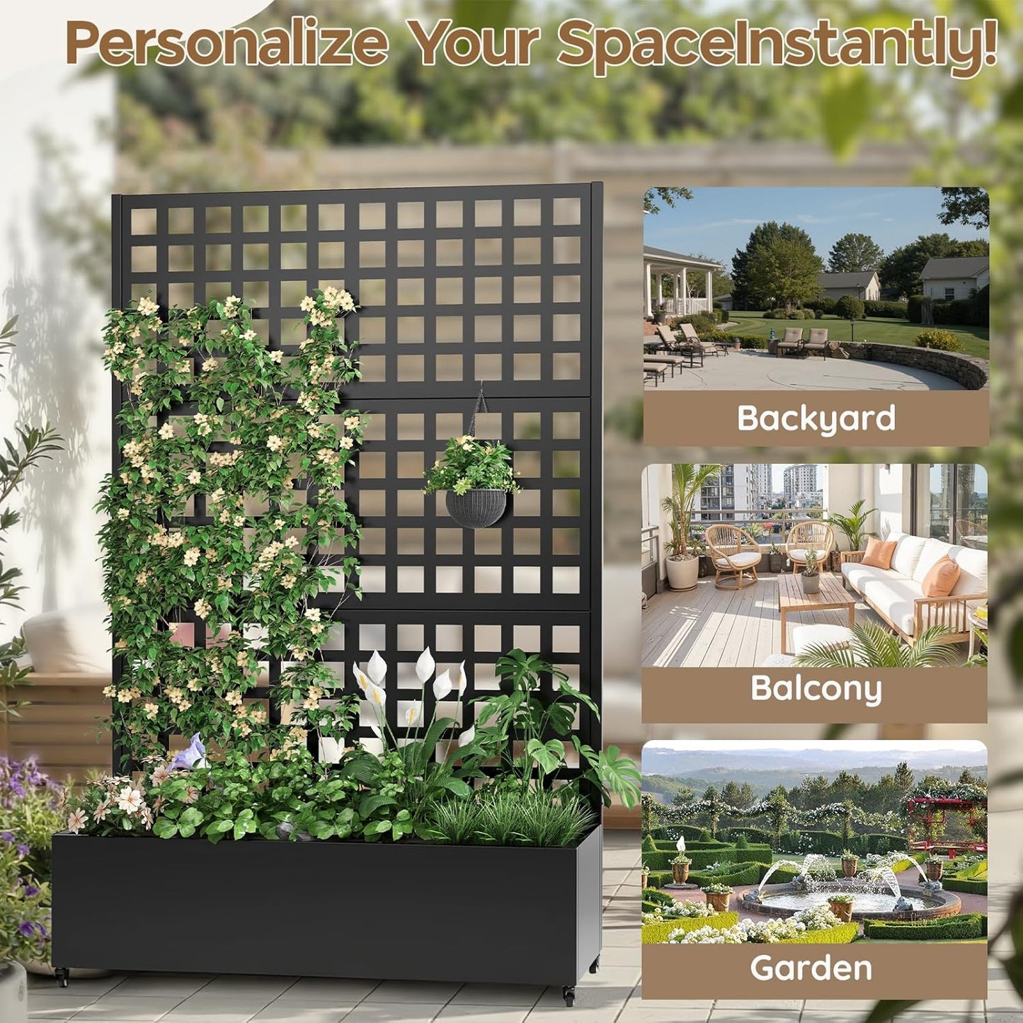 Metal Raised Garden Bed with Trellis & Wheels,72" x 47"x 15.7" Planter Box with Trellis,Privacy Planters for Patio,Garden Bed for Climbing Plants,Suitable for Climbing Plants and Vegetables,Black