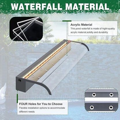 Pool Fountain, LONGRUN Waterfall Spillway for Koi Ponds - 35.4" Transparent Acrylic Waterfall for Swimming Pool, Garden Pond, Patios, Spa Decoration