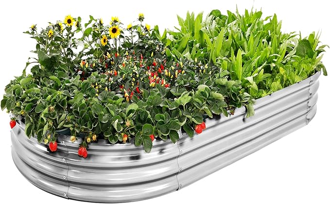 AHEONLAR Galvanized Raised Garden Bed Kit, Oval Large Metal Planter Box, Sturdy and Durable, Garden Boxes Outdoor Raised for Vegetables, Fruits, Flowers and Herbs, 4x2x1ft (Silver)