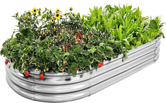 AHEONLAR Galvanized Raised Garden Bed Kit, Oval Large Metal Planter Box, Sturdy and Durable, Garden Boxes Outdoor Raised for Vegetables, Fruits, Flowers and Herbs, 4x2x1ft (Silver)