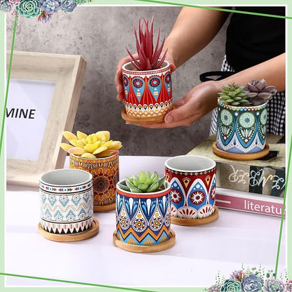 Zopeal 6 Pcs 3 Inch Succulent Pots Succulent Planters Cylinder Ceramic Pots Mandala Multicolor Cactus Pot with Drainage Holes and Bamboo Trays for Indoor Plants Flowers Garden Decoration (Core)