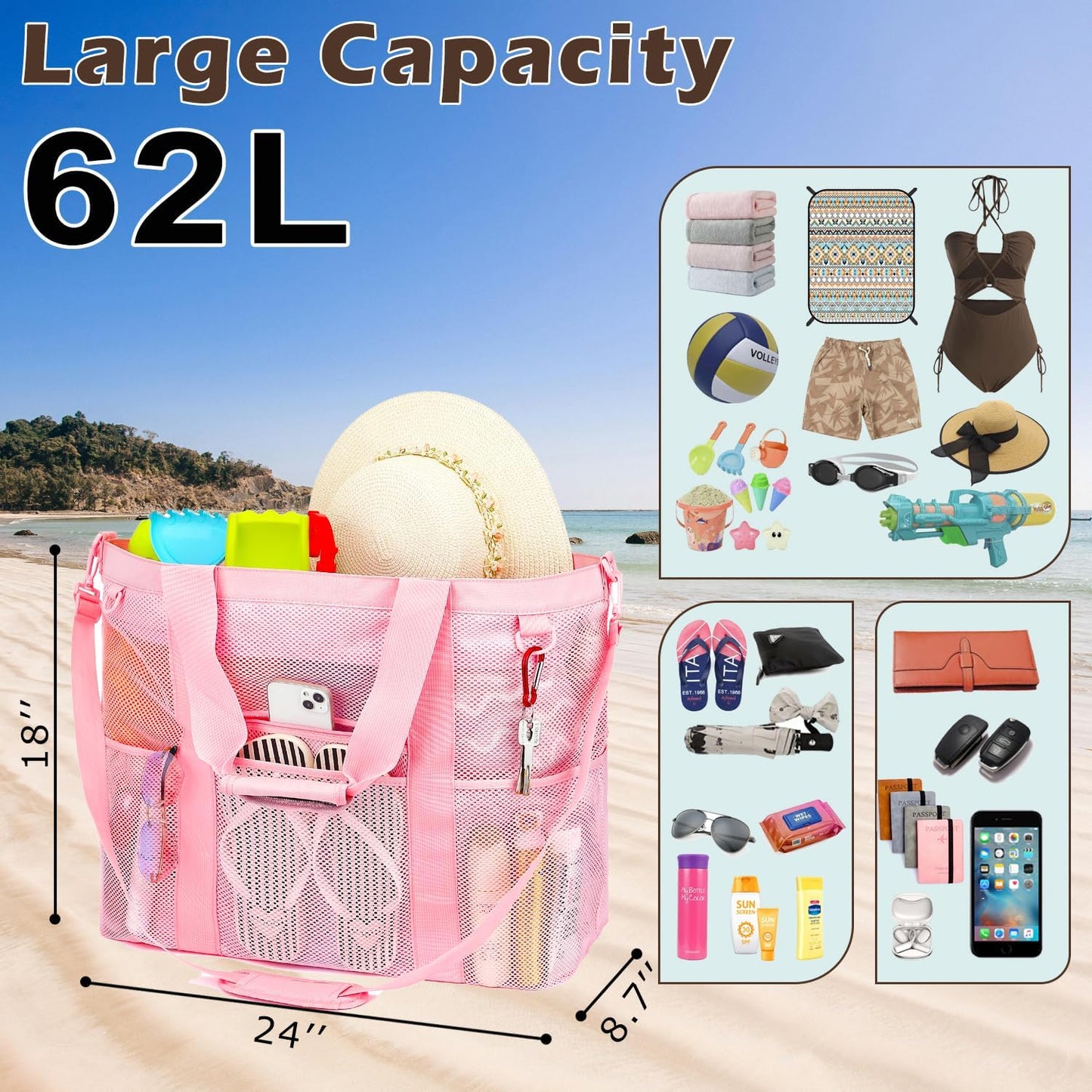 Mesh Beach Bag, Large Beach Tote with Zipper Pocket for Family Pool Bag for Toys & Vacation Essentials