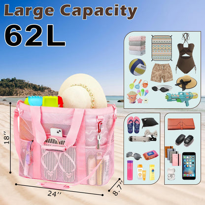 Mesh Beach Bag, Large Beach Tote with Zipper Pocket for Family Pool Bag for Toys & Vacation Essentials