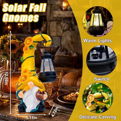 Thanksgiving Decorations for Home Porch 12" Solar Sunflower Gnome Garden Statues Honey Bee Jar Decor with LED Lantern Outdoor Gnomes Decorations Patio Yard Balcony Art Birthday Gifts for Mom Grandma